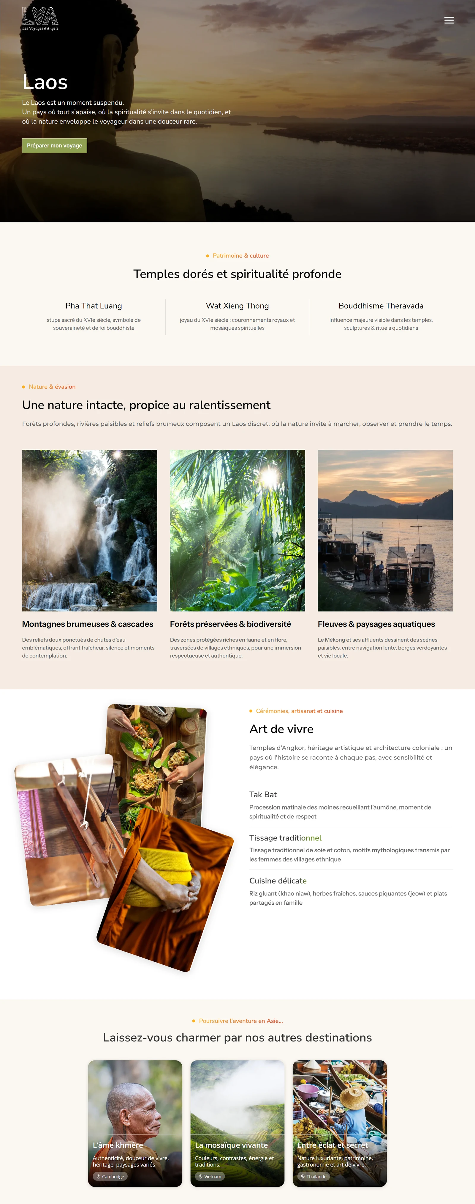 Capture d’une page destination du site Les Voyages d’Angèle présentant le Laos, avec son hero, ses sections éditoriales et ses contenus visuels.