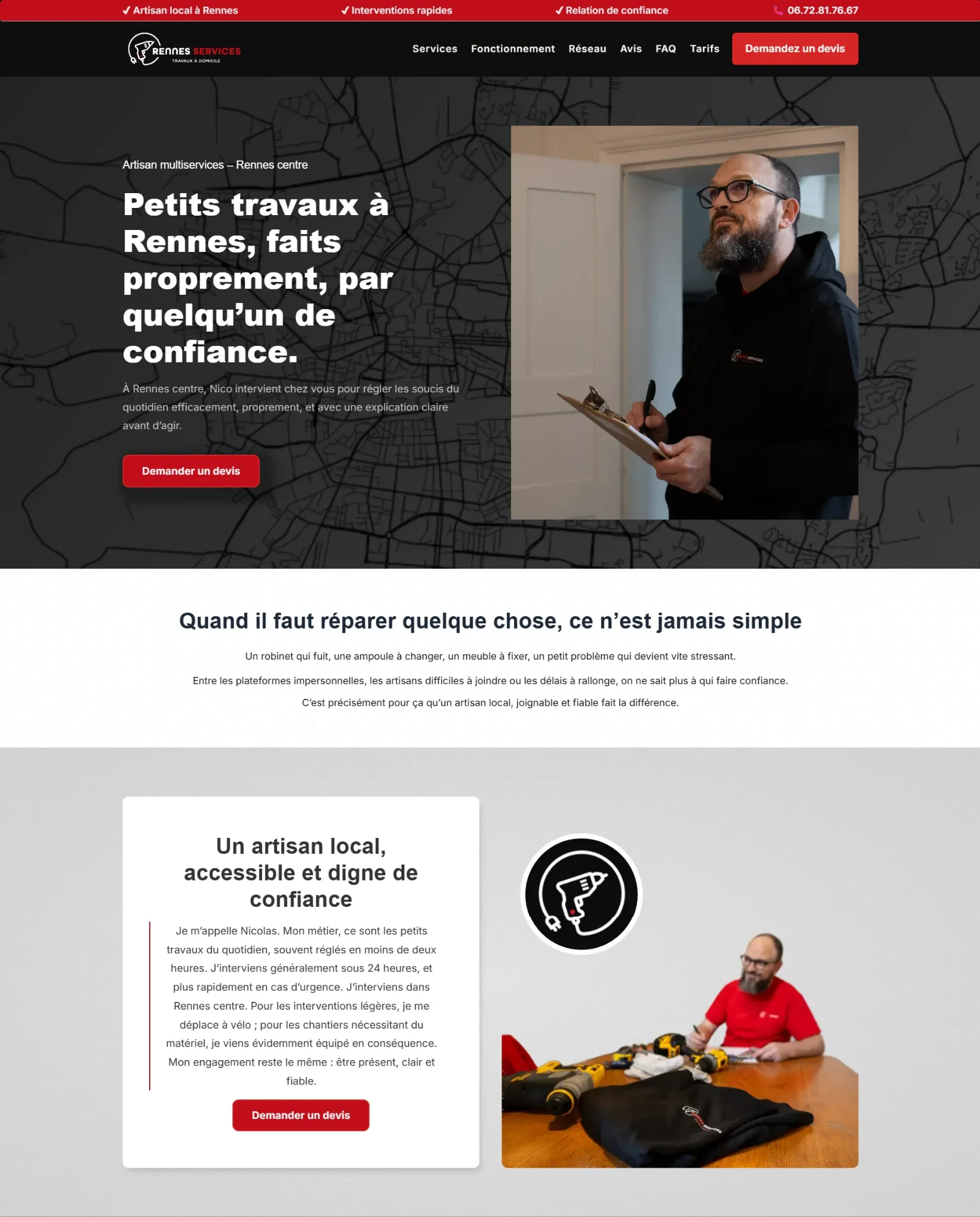 Site Rennes Services présentant les petits travaux à domicile et l’artisan Nicolas