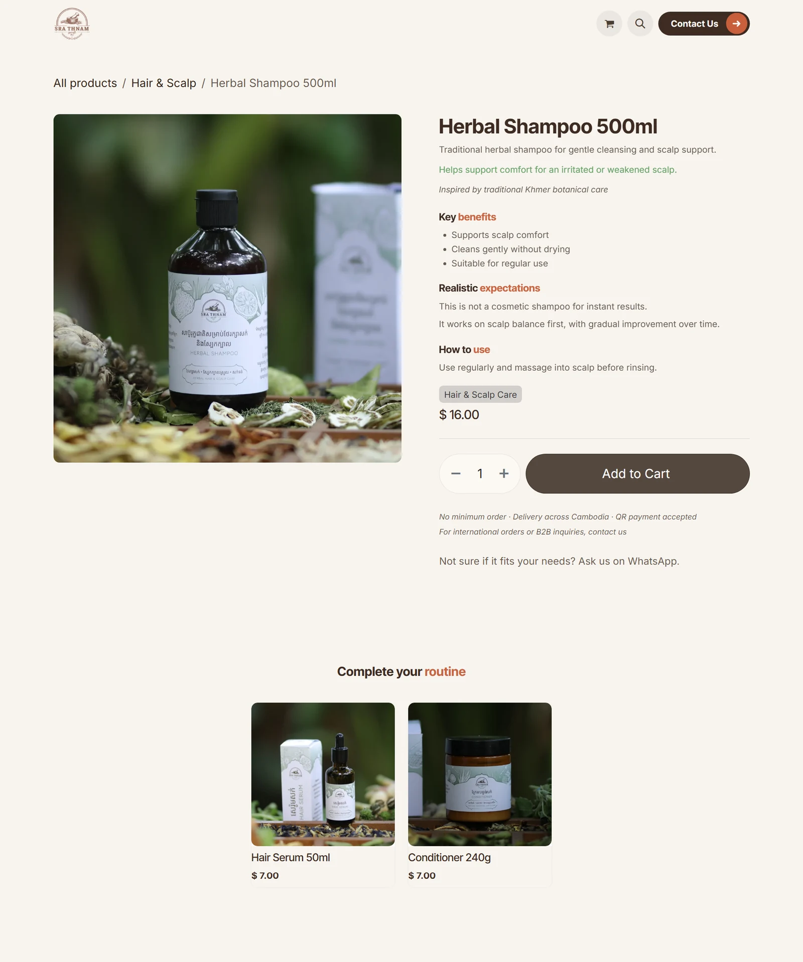 Capture de la fiche produit Herbal Shampoo 500ml sur le site Sra Thnam, montrant le visuel produit, les bénéfices, le prix et le bouton Add to Cart.